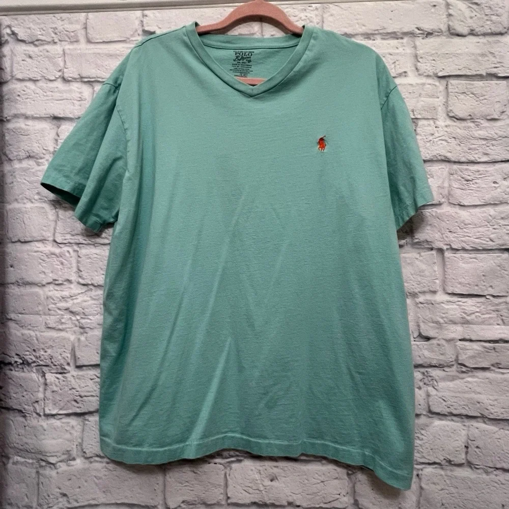 Polo Ralph Lauren Mint Green Classic V-Neck Tee T-Shirt Orange Pony Size L
